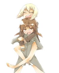 Rule 34 | 00s, 2girls, bad id, bad pixiv id, barefoot, blonde hair, blush, brown eyes, brown hair, closed eyes, erica hartmann, gertrud barkhorn, laughing, long hair, multiple girls, short hair, strike witches, twintails, uniform, world witches series