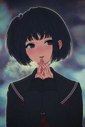 Rule 34 | 1girl, :d, amemori sayo, averting eyes, black eyes, black hair, black sailor collar, black shirt, blush, bob cut, highres, long bangs, long sleeves, looking to the side, neckerchief, nijisanji, nkymyura, open mouth, outline, own hands together, portrait, red neckerchief, sailor collar, shirt, short hair, sidelocks, sideways glance, smile, solo, steepled fingers, upper body, virtual youtuber, white outline, wispy bangs