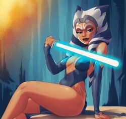 Rule 34 | 1girl, absurdres, ahsoka tano, alien, arm support, black dress, black gloves, blue eyes, blue lightsaber, breasts, colored skin, covered navel, dress, elbow gloves, energy sword, facial tattoo, female focus, foot out of frame, from side, gloves, highres, inker comics, jedi, lightsaber, long hair, looking at viewer, medium breasts, orange skin, sitting, smile, solo, star wars, star wars: the clone wars, sword, tattoo, tentacle hair, togruta, weapon