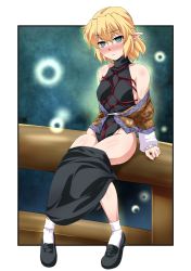 Rule 34 | 1girl, arm warmers, bad id, bad twitter id, bare shoulders, black footwear, black leotard, black skirt, blonde hair, blush, bobby socks, closed mouth, clothes pull, fence, frown, full body, green eyes, groin, highres, leotard, looking at viewer, mizuhashi parsee, nose blush, off shoulder, ootsuki wataru, out of frame, outside border, pointy ears, rope, scarf, shibari, shibari over clothes, shoes, short hair, sitting, sitting on fence, skirt, skirt pull, sleeveless, sleeveless turtleneck, socks, solo, thighs, touhou, turtleneck, white scarf, white socks