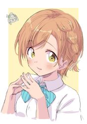Rule 34 | 2girls, blue bow, blush, bow, braid, brown background, brown eyes, collared shirt, cropped torso, diagonal-striped bow, dress shirt, highres, hoshizora rin, looking at viewer, love live!, love live! school idol project, minami kotori, multiple girls, orange hair, parted lips, sen (sen0910), shirt, solo focus, steepled fingers, swept bangs, two-tone background, upper body, white background, white shirt