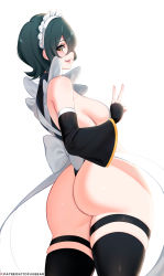 Rule 34 | 1girl, ass, black hair, black thighhighs, breasts, brown eyes, cowboy shot, from behind, highleg, highleg leotard, highres, huge ass, iroha (samurai spirits), large breasts, leotard, leotard under clothes, lips, looking at viewer, looking back, maid, maid headdress, samurai spirits, shiny skin, short hair, simple background, snk, solo, standing, thighhighs, thighs, thong leotard, tofuubear, v, white background, wide hips