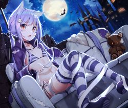 Rule 34 | 1girl, absurdres, ahoge, animal ears, apple ringo, backlighting, bandages, bat (animal), bikini, building, cat ears, choker, collarbone, couch, cropped jacket, dutch angle, fang, flat chest, full moon, hair ornament, halloween, highres, huge filesize, jacket, light purple hair, long hair, long sleeves, looking at viewer, moon, navel, night, night sky, open clothes, open jacket, open mouth, original, purple jacket, red eyes, shoes, side-tie bikini bottom, sitting, sky, solo, star (sky), starry sky, stomach, striped bikini, striped clothes, striped thighhighs, stuffed animal, stuffed toy, swimsuit, symbol-shaped pupils, teddy bear, thighhighs, twintails, very long hair, wing collar