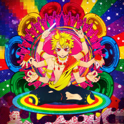 Rule 34 | 1boy, @ @, \m/, amplifier, armlet, blonde hair, bracer, catwhathk, cellphone, dappou rock (vocaloid), extra arms, eyeball, fire, glowstick, hair between eyes, hair ornament, highres, indian style, jewelry, kagamine len, male focus, nail polish, necklace, phone, pixelated, rainbow, red eyes, red nails, ring, ringed eyes, sash, topless male, sitting, smartphone, solo, vocaloid, x hair ornament