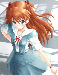 Rule 34 | 1girl, angry, blouse, blue eyes, blush, breasts, collared shirt, cowboy shot, from above, frown, hair between eyes, hair ornament, hand on own hip, hip focus, long hair, neon genesis evangelion, orange hair, satogo, school uniform, shirt, simple background, skirt, solo, souryuu asuka langley, standing, suspender skirt, suspenders, tokyo-3 middle school uniform, tsundere, watch, white shirt, wristwatch