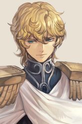 Rule 34 | 1boy, blonde hair, blue eyes, cape, closed mouth, curly hair, epaulettes, ginga eiyuu densetsu, grey background, hair between eyes, hungry clicker, looking to the side, male focus, reinhard von lohengramm, simple background, solo, uniform, upper body, white cape