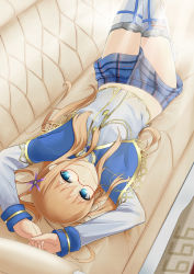 Rule 34 | 1girl, aiguillette, arms up, blonde hair, blue eyes, blue skirt, breasts, buttons, capelet, couch, flower, from above, full body, glasses, hair flower, hair in own mouth, hair ornament, highres, hood (warship girls r), knees up, light rays, long hair, long sleeves, looking at viewer, lying, on back, plaid, plaid skirt, red-framed eyewear, remodel (warship girls r), shirt, skirt, small breasts, solo, sunbeam, sunlight, thighhighs, union jack, upside-down, warship girls r, white shirt, white thighhighs, xia zhi chong yin xu ruo dan qing, zettai ryouiki