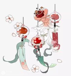 Rule 34 | bow, cherry blossoms, flower, lantern, leaf, maobing maobing, no humans, object focus, original, petals, polka dot, sample watermark, snow print, still life, string, tanzaku, watermark, white background, white bow, white flower
