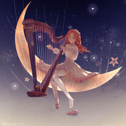 Rule 34 | 1girl, absurdres, bow, crescent moon, dated, dress, ginger (my time at portia), green eyes, hair bow, harp, highres, instrument, legs, moon, music, my time at portia, no shoes, pink footwear, playing instrument, red hair, shoes, single shoe, sitting, solo, star (sky), thighhighs, toes, white dress, zilaihuoye