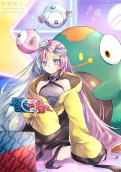 Rule 34 | 1girl, bare shoulders, bellibolt, blue hair, bow-shaped hair, breasts, character hair ornament, creatures (company), frog, game freak, gen 1 pokemon, gen 4 pokemon, hair ornament, hexagon print, iono (pokemon), jacket, light blue hair, long hair, low-tied long hair, magnemite, medium breasts, multicolored hair, nintendo, oversized clothes, pink hair, pokemon, pokemon (creature), pokemon sv, rotom, rotom phone, sleeves past fingers, sleeves past wrists, split-color hair, two-tone hair, very long sleeves, x, yellow jacket, yomogi (black-elf)
