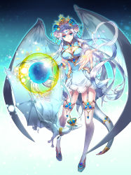 Rule 34 | 1girl, ball, blue eyes, breasts, cleavage, clothing cutout, crown, dragon, dragon wings, elizabeth (soccer spirits), flower, full body, garter straps, gl ztoh, hair flower, hair ornament, long hair, looking at viewer, official art, outstretched hand, side cutout, smile, soccer ball, soccer spirits, solo, tail, thighhighs, white hair, white thighhighs, wings
