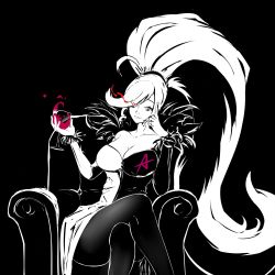 Rule 34 | alcohol, black background, black leggings, cup, drinking glass, highres, hilda (under night in-birth), hollow 555, leggings, ponytail, sitting, under night in-birth, wine, wine glass