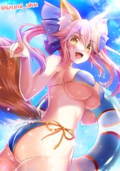Rule 34 | 1girl, animal ear fluff, animal ears, ass, bikini, blue bikini, blush, bow, breasts, commentary request, cowboy shot, fang, fate/grand order, fate (series), fox ears, fox shadow puppet, fox tail, hair bow, holding, holding swim ring, innertube, izumi akane, large breasts, lens flare, long hair, looking at viewer, looking back, open mouth, pink hair, side-tie bikini bottom, skin fang, solo, sparkle, swim ring, swimsuit, tail, tamamo (fate), tamamo no mae (fate/extra), twisted torso, twitter username, underboob, yellow eyes