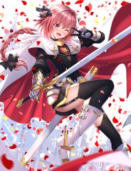 Rule 34 | 1boy, ;d, armor, astolfo (fate), black thighhighs, boots, cape, fang, fate/apocrypha, fate (series), faulds, fur-trimmed cape, fur trim, garter straps, gauntlets, hair ribbon, highres, long hair, male focus, one eye closed, open mouth, petals, pink eyes, pink hair, ribbon, sheath, skirt, smile, solo, sword, swordsouls, thighhighs, trap, v, v over eye, weapon