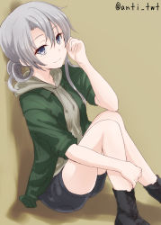Rule 34 | 10s, 1girl, alternate costume, anti (untea9), asymmetrical hair, blush, boots, casual, gradient background, grey eyes, tucking hair, highres, hood, hoodie, kantai collection, looking at viewer, nowaki (kancolle), short hair, silver hair, simple background, sitting, smile, solo, twitter username