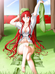 Rule 34 | 1girl, bad id, bad pixiv id, barefoot, blue eyes, braid, breasts, china dress, chinese clothes, cleavage, dress, feet, female focus, highres, hong meiling, large breasts, legs, long hair, niwatazumi, red hair, shirt, shoes, unworn shoes, solo, touhou, twin braids, vest