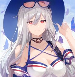 Rule 34 | 1girl, absurdres, adjusting clothes, adjusting headwear, arknights, bad id, bad pixiv id, bare shoulders, black choker, breasts, choker, cleavage, commentary, eyewear on head, hair between eyes, hand up, hat, highres, long hair, looking at viewer, medium breasts, off-shoulder shirt, off shoulder, official alternate costume, red eyes, saibe, shirt, silver hair, skadi (arknights), skadi (waverider) (arknights), smile, solo, sun hat, sunglasses, upper body, white shirt
