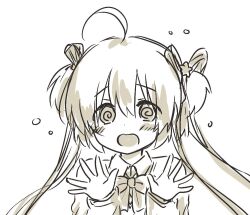 Rule 34 | 1girl, @ @, ahoge, blush, bow, confused, eyes visible through hair, flying sweatdrops, hair between eyes, hair ornament, hair ribbon, hands up, kamikita komari, little busters!, long ribbon, long sleeves, looking at viewer, micchi (koto maple), monochrome, open hands, open mouth, panicking, pink bow, ribbon, short hair, sketch, solo, star (symbol), star hair ornament, straight-on, tareme, two side up, upper body, wavy mouth