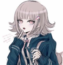 1girl animal_bag brown_hair cat_bag collared_shirt danganronpa_(series) danganronpa_2:_goodbye_despair dress_shirt flipped_hair galaga hair_ornament highres hood index_finger_raised jacket long_sleeves looking_at_viewer medium_hair nanami_chiaki neck_ribbon open_clothes open_jacket pink_bag pink_eyes pink_ribbon ribbon sagara_(2332kcal) shirt solo spaceship_hair_ornament translation_request two-tone_shirt upper_body white_shirt