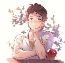 Rule 34 | 1boy, aaron (granblue fantasy), apple, brown hair, closed mouth, collared shirt, elbow rest, food, freckles, fruit, granblue fantasy, hand on own cheek, hand on own chin, hand on own face, head rest, highres, looking at viewer, male focus, mansu, red apple, shirt, short hair, simple background, smile, solo, white shirt