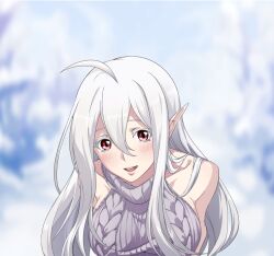Rule 34 | 1girl, blush, confession, langrisser, langrisser mobile, looking at viewer, official art, red eyes, sweater, white hair, zerida