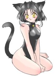 Rule 34 | 1girl, animal ears, artist request, barefoot, bell, black hair, black leotard, blush, breasts, cat ears, cat girl, cat tail, jingle bell, leotard, looking at viewer, medium breasts, original, short hair, sitting, smile, tail, white background, yellow eyes