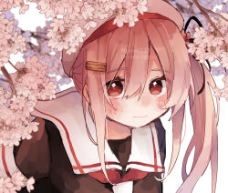 Rule 34 | 1girl, amot 211, blush, cherry blossoms, flower, hair ornament, hair ribbon, hairclip, harusame (kancolle), hat, highres, kantai collection, looking at viewer, pink hair, red eyes, ribbon, sailor collar, side ponytail, smile, solo