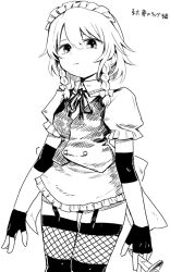 Rule 34 | 1girl, apron, bow, braid, closed mouth, cowboy shot, expressionless, fingerless gloves, fishnet thighhighs, fishnets, frilled skirt, frills, gloves, greyscale, hair between eyes, hair bow, hakonnbo, holding, holding knife, izayoi sakuya, knife, looking at viewer, maid headdress, medium hair, miniskirt, monochrome, neck ribbon, ribbon, simple background, skirt, solo, thighhighs, touhou, twin braids, vest, waist apron