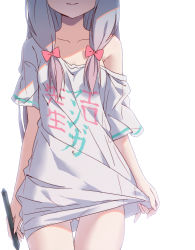 Rule 34 | 10s, 1girl, bow, closed mouth, clothes writing, collarbone, copyright name, covered navel, eromanga sensei, grey hair, hair bow, head out of frame, highres, izumi sagiri, long hair, off shoulder, pink bow, shirt, short sleeves, simple background, solo, stylus, t-shirt, thigh gap, ttc, wavy mouth, white background