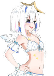 Rule 34 | 1girl, amane kanata, angel wings, armband, bikini, blue hair, bob cut, body markings, bracelet, colored inner hair, feathered wings, flat chest, grey hair, hands on own hips, highres, hololive, jewelry, multicolored hair, navel, official alternate costume, open mouth, purple eyes, short hair, simple background, smile, smirk, smug, solo, swimsuit, trembling, virtual youtuber, watanabe masafumi (masafumi 127), white background, wings
