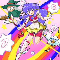 Rule 34 | 2girls, alternate costume, bird, blush, boots, brooch, cologne (ranma 1/2), duck, feathers, glasses, gloves, happy, hat, jewelry, long hair, looking at viewer, magical girl, mousse (ranma 1/2), multiple girls, one eye closed, open mouth, purple hair, rainbow, ranma 1/2, robe, shampoo (ranma 1/2), smile, star (symbol), wand, wanta (futoshi), wink, witch, witch hat