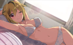 Rule 34 | 10s, 1girl, armpits, bad id, bad pixiv id, bed, bikini, blonde hair, breasts, collarbone, curtains, h@ll, ibuki tsubasa, idolmaster, idolmaster million live!, large breasts, lens flare, looking at viewer, lying, md5 mismatch, navel, on side, one eye closed, pillow, red eyes, short hair, smile, solo, strap gap, swimsuit, thigh gap, underboob, window, wink