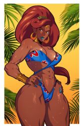 Rule 34 | 1girl, abs, big hair, bikini, blue lips, blue nails, border, bracelet, breasts, closed mouth, commentary, covered erect nipples, curvy, dark-skinned female, dark skin, earrings, fingernails, gerudo, green eyes, hands on own hips, hoop earrings, jewelry, kukumomo, large breasts, lips, lipstick, long fingernails, long hair, looking at viewer, makeup, mature female, muscular, muscular female, nail polish, neck ring, nintendo, outside border, pointy ears, ring, shiny skin, smile, solo, stomach, swimsuit, symbol-only commentary, the legend of zelda, the legend of zelda: breath of the wild, thick thighs, thighs, underboob, urbosa, very long hair, white border