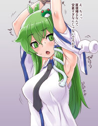 Rule 34 | 1girl, 1other, armpits, between breasts, black necktie, blush, bound, bound wrists, breasts, collared shirt, commentary request, crossed bangs, detached sleeves, frog hair ornament, green eyes, green hair, grey background, hair between eyes, hair ornament, kei jiei, kochiya sanae, large breasts, lifting another&#039;s clothes, long hair, looking at viewer, necktie, necktie between breasts, open mouth, rope, shirt, sidelocks, single hair tube, sleeve lift, sleeveless, sleeveless shirt, snake hair ornament, solo focus, touhou, translation request, upper body, white shirt, white sleeves