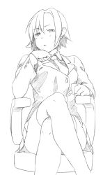 Rule 34 | 1girl, chair, crossed legs, greyscale, head rest, looking at viewer, majima yuki, monochrome, necktie, office chair, short hair, simple background, sitting, skirt, solo, swivel chair, thighhighs, traditional media, white background