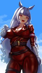 Rule 34 | 1girl, :d, alternate costume, animal ears, blue sky, blunt bangs, bodysuit, breasts, cleavage, from below, gloves, gold ship (umamusume), grey hair, highres, horse ears, horse girl, large breasts, long hair, looking at viewer, looking down, open mouth, purple eyes, red bodysuit, skin tight, sky, smile, solo, umamusume, v, volyz, white gloves