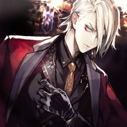 Rule 34 | 1boy, bishounen, black gloves, black jacket, black shirt, blue eyes, closed mouth, coat, coat on shoulders, collared shirt, dress shirt, fate/grand order, fate (series), formal, gloves, hair between eyes, hair over one eye, hand up, heroic spirit formal dress, highres, jacket, karna (fate), karna (formal dress) (fate), koshika rina, long sleeves, looking at viewer, male focus, necktie, pale skin, red coat, shirt, short hair, solo, twitter username, upper body, v-shaped eyebrows, white hair, yellow necktie