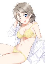Rule 34 | 1girl, ;d, blue eyes, bra, breasts, brown hair, cleavage, hand up, highres, love live!, love live! sunshine!!, medium breasts, navel, off shoulder, one eye closed, open clothes, open mouth, open shirt, panties, sankuro (agoitei), shirt, short hair, simple background, sitting, smile, solo, strap slip, tears, underwear, watanabe you, white background, yellow bra, yellow panties