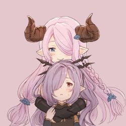 Rule 34 | 2girls, bad id, bad twitter id, blue eyes, blush stickers, braid, chabo213, colorized, draph, granblue fantasy, hair ornament, hair over one eye, harvin, horns, hug, hug from behind, long hair, multiple girls, narmaya (granblue fantasy), niyon (granblue fantasy), pink background, pink hair, pointy ears, ponytail, purple hair, red eyes, smile, sweatdrop