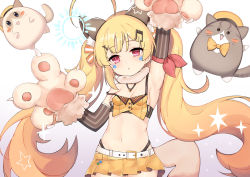 Rule 34 | 1girl, ahoge, animal, animal ear fluff, animal ears, animal hands, arm up, armpits, azur lane, belt, blonde hair, breasts, cat, cat ears, cat girl, cleavage, commentary request, cowboy shot, crop top, eldridge (azur lane), eldridge (kitty idol) (azur lane), facial mark, fortissimo, fur collar, gloves, hair ornament, hand up, highleg, kana (kuaua), long hair, looking at viewer, meowfficer (azur lane), midriff, miniskirt, musical note, musical note hair ornament, navel, orange skirt, parted lips, paw gloves, pleated skirt, red eyes, shirt, skirt, sleeveless, sleeveless shirt, small breasts, standing, strap slip, striped, twintails, very long hair