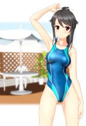 Rule 34 | 1girl, absurdres, beach umbrella, black hair, blue one-piece swimsuit, blurry, breasts, chair, commentary request, competition swimsuit, cowboy shot, depth of field, fence, hair ribbon, high school fleet, highleg, highleg swimsuit, highres, long hair, looking at viewer, multicolored clothes, multicolored swimsuit, munetani mashiro, one-piece swimsuit, parted lips, ponytail, red eyes, ribbon, small breasts, solo, standing, swimsuit, table, takafumi, umbrella, white ribbon