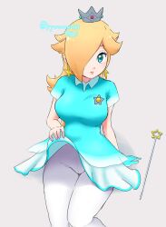 Rule 34 | 1girl, blonde hair, blue eyes, blue gloves, blue shirt, clothes lift, crown, earrings, gloves, golf rosalina, hair over one eye, highres, jewelry, long hair, looking at viewer, mario (series), mario golf, mario golf: super rush, nintendo, official alternate costume, pantyhose, purple nails, rosalina, shirt, single glove, skirt, skirt lift, solo, star (symbol), star earrings, twitter username, wand, white pantyhose, white skirt, yyouauo33