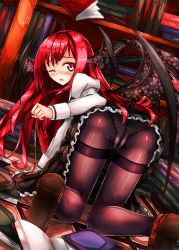 Rule 34 | 1girl, 90i, all fours, ass, bad id, bad pixiv id, bat wings, black pantyhose, blush, book, bookshelf, dress shirt, embodiment of scarlet devil, female focus, frills, from behind, head wings, koakuma, long hair, long sleeves, looking back, one eye closed, panties, panties under pantyhose, pantyhose, pantyshot, red eyes, red hair, shelf, shirt, shoes, skirt, solo, sparkle, thighband pantyhose, thighs, touhou, underwear, upskirt, wince, wings, wink