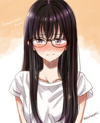 Rule 34 | 1girl, artist name, averting eyes, black-framed eyewear, black hair, blush, casual, closed mouth, collarbone, commentary request, copyright name, embarrassed, glasses, himawari-san, himawari-san (character), long hair, looking to the side, orange background, purple eyes, shirt, short sleeves, signature, simple background, solo, sugano manami, sweat, two-tone background, upper body, white background, white shirt