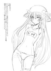 Rule 34 | 1girl, bad id, bad pixiv id, blush, female focus, food, fruit, greyscale, hat, hinanawi tenshi, kuronuko neero, long hair, looking at viewer, monochrome, one-piece swimsuit, peach, school swimsuit, simple background, solo, swimsuit, touhou, translation request, very long hair, white background