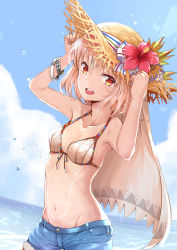 Rule 34 | 1girl, :d, absurdres, altera (fate), bikini, bikini top only, blonde hair, blue shorts, blue sky, bracelet, breasts, cleavage, cloud, collarbone, dark-skinned female, dark skin, day, fate/grand order, fate (series), flower, groin, hair between eyes, hat, hat flower, hibiscus, highres, jewelry, looking at viewer, navel, ocean, open mouth, orange eyes, outdoors, red flower, short hair, short shorts, shorts, sky, small breasts, smile, solo, standing, straw hat, sun hat, sunhyun, swimsuit, yellow hat