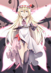 Rule 34 | asymmetrical clothes, blonde hair, blue eyes, cherry blossoms, commentary request, corruption, dark persona, elbow gloves, evil grin, evil smile, fairy wings, gloves, grin, hat, highres, inyuppo, lily white, long hair, multiple wings, narrowed eyes, petals, smile, solo, thighhighs, touhou, twig, very long hair, wings