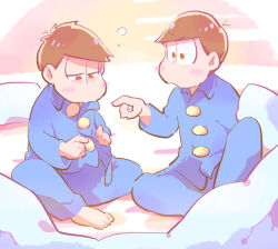 Rule 34 | 2boys, antenna hair, bags under eyes, barefoot, blue pajamas, blue pants, blue shirt, blue sleeves, blunt bangs, blush stickers, brothers, brown eyes, brown hair, buttoning, buttons, character request, collared shirt, commentary request, exhausted, full body, knee up, long sleeves, looking at another, multiple boys, open mouth, osomatsu-san, pajamas, pants, parted lips, pillow, pointing, pointing at another, shirt, short hair, siblings, sitting, squeans, toes, u u ki u u, v-shaped eyebrows