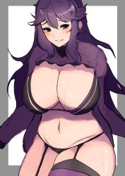 Rule 34 | 1girl, @ @, alternate breast size, black bra, black panties, blush, bra, breasts, creatures (company), curvy, dress, game freak, garter straps, hex maniac (pokemon), highres, large breasts, long hair, navel, nintendo, panties, pokemon, pokemon xy, purple dress, purple hair, revealing clothes, ribbed dress, sketch, tatsu (user rjes8545), thick thighs, thighs, underwear