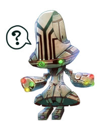Rule 34 | ?, beheeyem, creatures (company), full body, game freak, gen 5 pokemon, glowing, glowing eyes, green eyes, looking at viewer, nintendo, no humans, non-humanoid robot, pokemon, pokemon (creature), ribero, robot, simple background, solo, speech bubble, spoken question mark, standing, white background